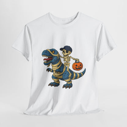Skeleton Riding T-Rex Halloween T-Shirt - Dinosaur Mummy Wrap Tee