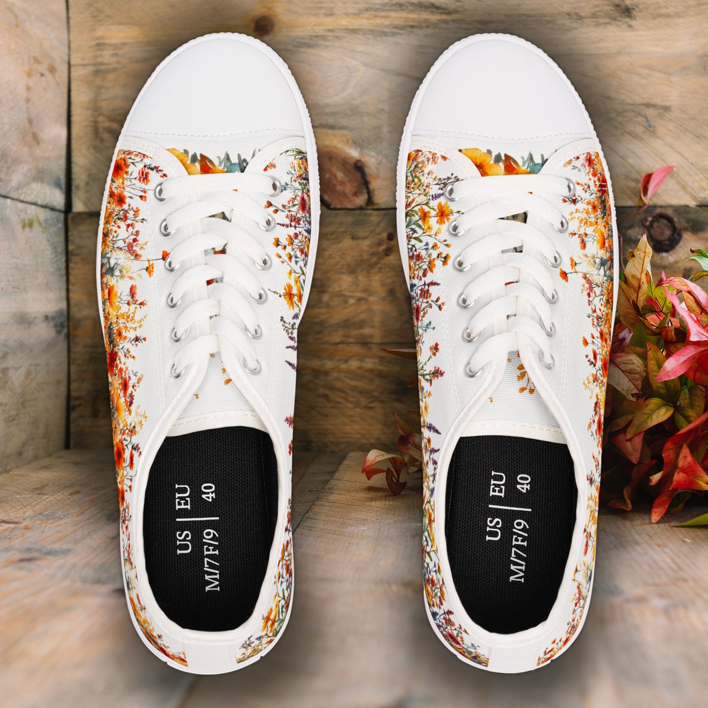 Autumn Flowers Womens Low Top Sneakers - Fall Floral Canvas Shoes with Memory Foam Insole, Botanical Print, Comfortable Casual Gift for Her