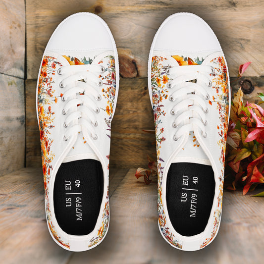 Autumn Flowers Womens Low Top Sneakers - Fall Floral Canvas Shoes with Memory Foam Insole, Botanical Print, Comfortable Casual Gift for Her