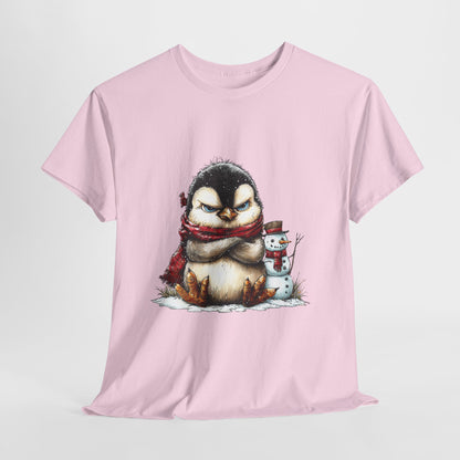 Grumpy Penguin Christmas T-Shirt - Winter Penguin with Snowman Buddy