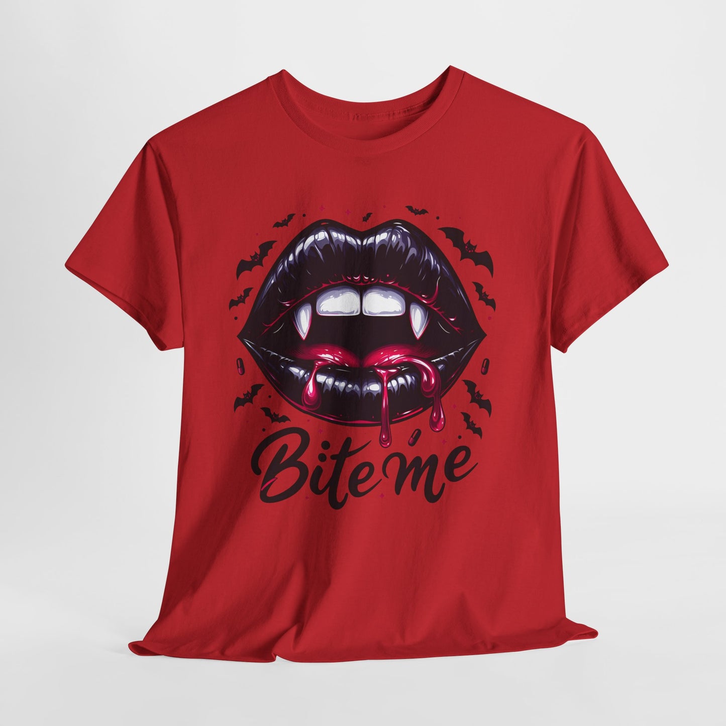 Bite Me Vampire Lips T-Shirt - Gothic Fangs & Bats Halloween Tee