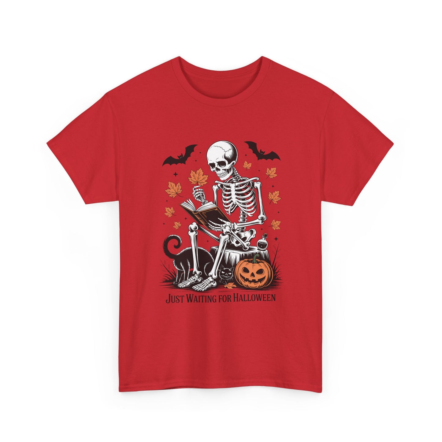 Just Waiting for Halloween T-Shirt - Cozy Spooky Skeleton Reading Tee
