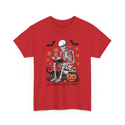 Just Waiting for Halloween T-Shirt - Cozy Spooky Skeleton Reading Tee