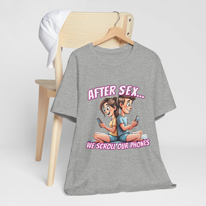 After Sex We Scroll Our Phones Shirt - Funny Modern Love Cartoon Tee - Sarcastic Dating Humor T-Shirt