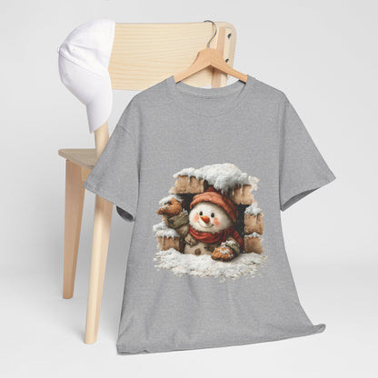 Peeking Snowman Window Christmas - Cute Snowy Brick Window Snowman Tee