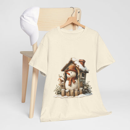 Cabin Porch Snowman Shirt - Rustic Snowman in Little House with Bird