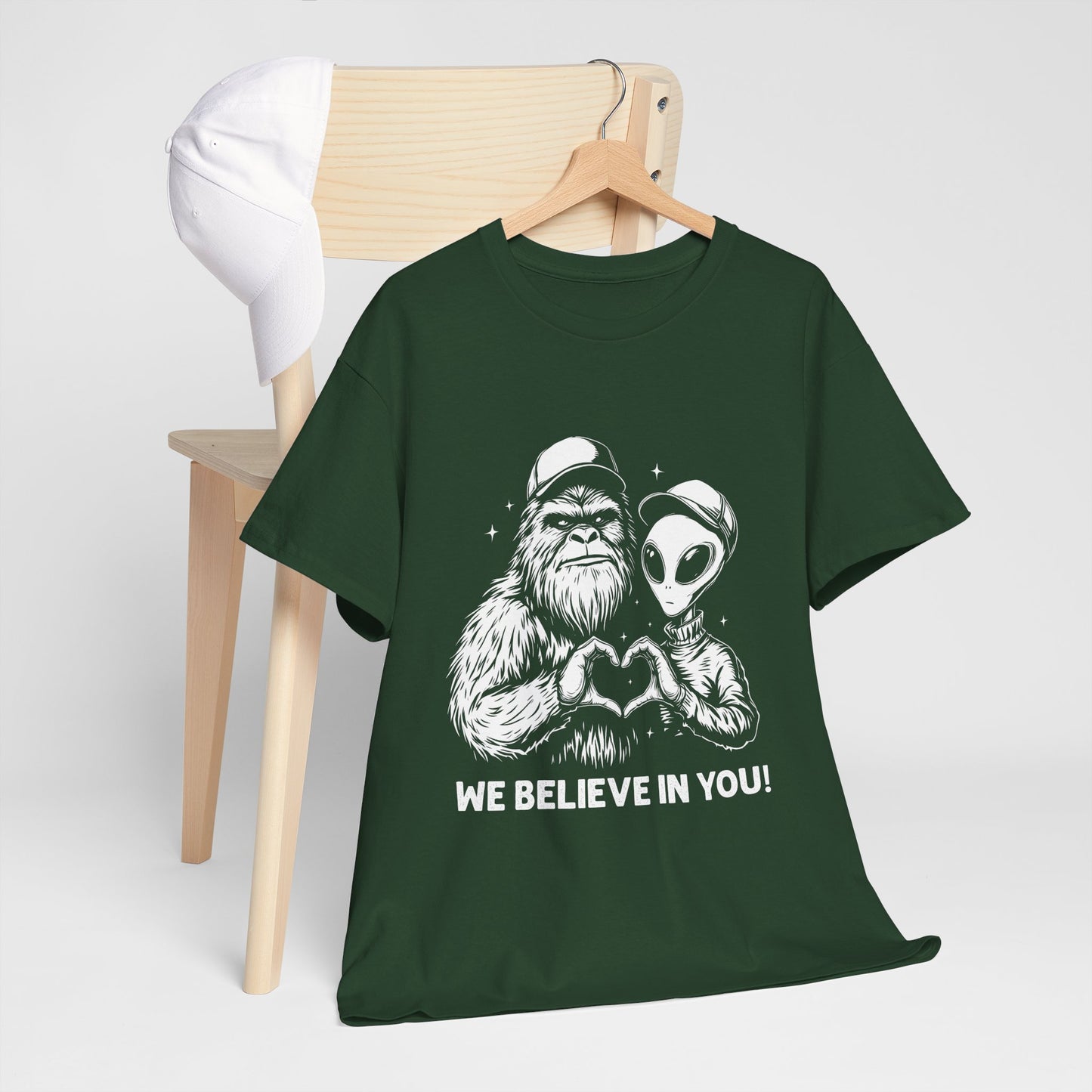 We Believe In You T-Shirt - Bigfoot & Alien Heart Hands Tee