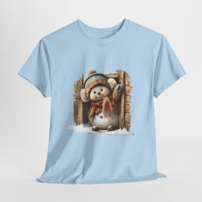 Waving Doorway Snowman Christmas T-Shirt - Cabin Snowman in Beanie & Ear Muffs