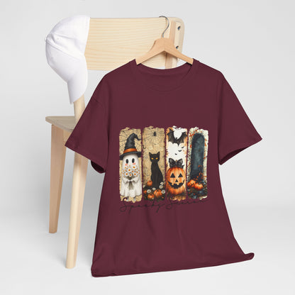 Spooky Season Panels Halloween T-Shirt with Ghost, Black Cat, Jack-O-Lantern & Bats