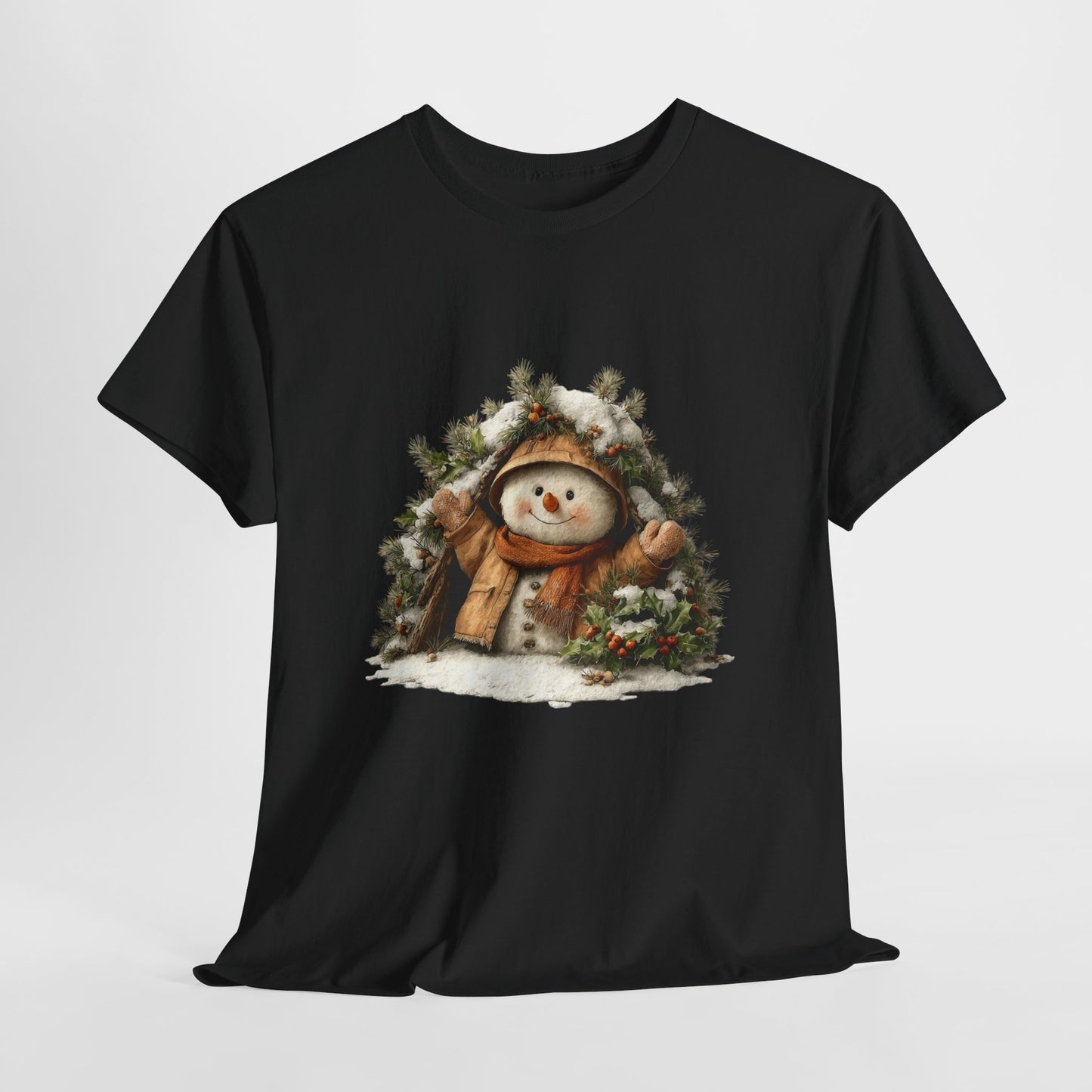 Forest Wreath Snowman Christmas T-Shirt - Cozy Rustic Snowman in Coat & Scarf