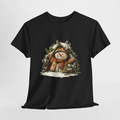 Forest Wreath Snowman Christmas T-Shirt - Cozy Rustic Snowman in Coat & Scarf