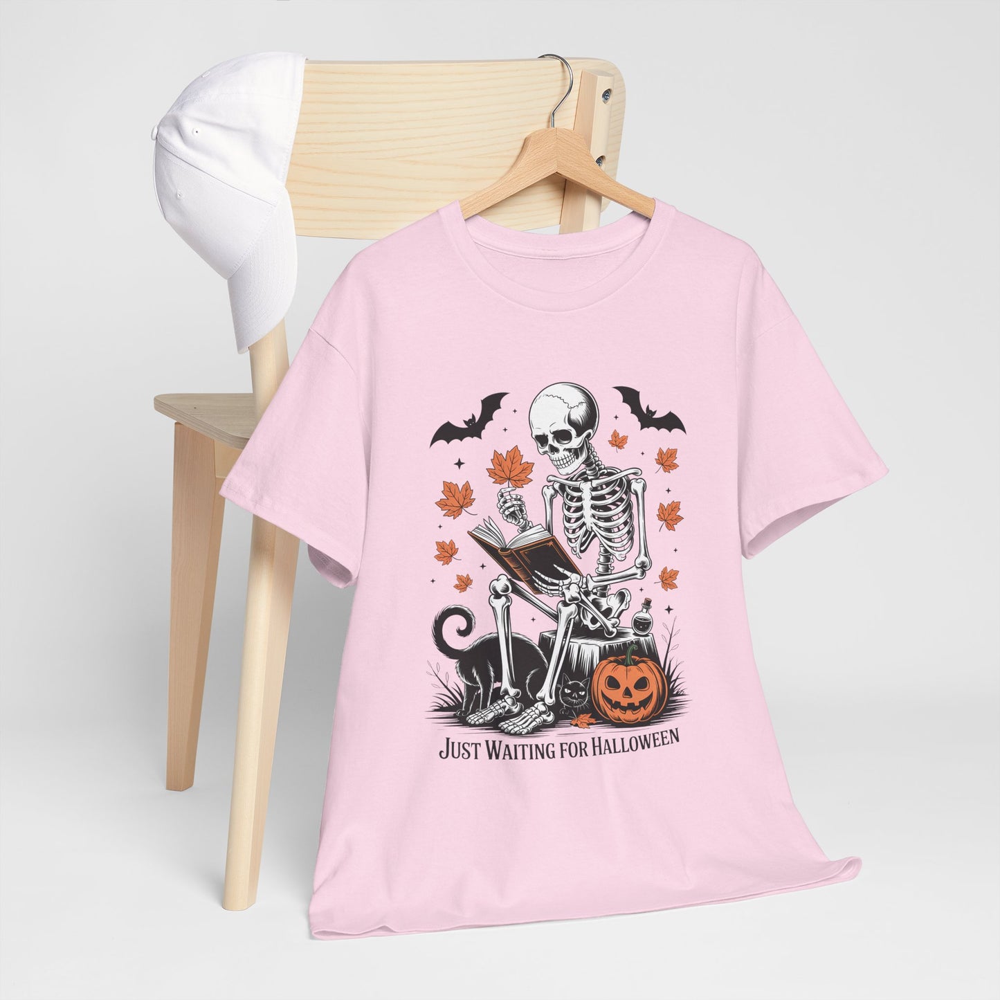 Just Waiting for Halloween T-Shirt - Cozy Spooky Skeleton Reading Tee