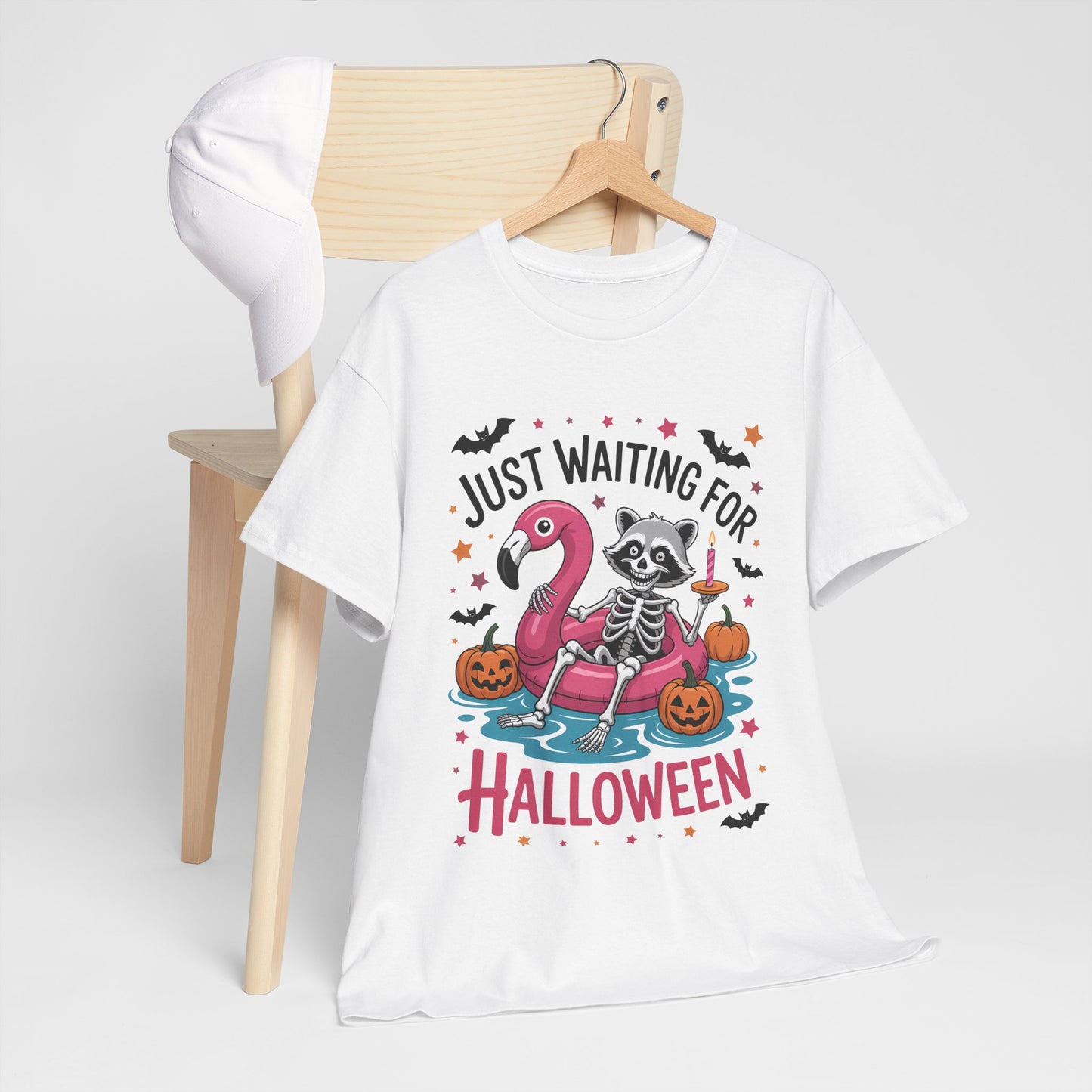 Just Waiting for Halloween T-Shirt - Raccoon Skeleton Flamingo Tee