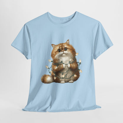 Christmas Lights Cat T-Shirt - Cute Kitty Tangled in Fairy Lights