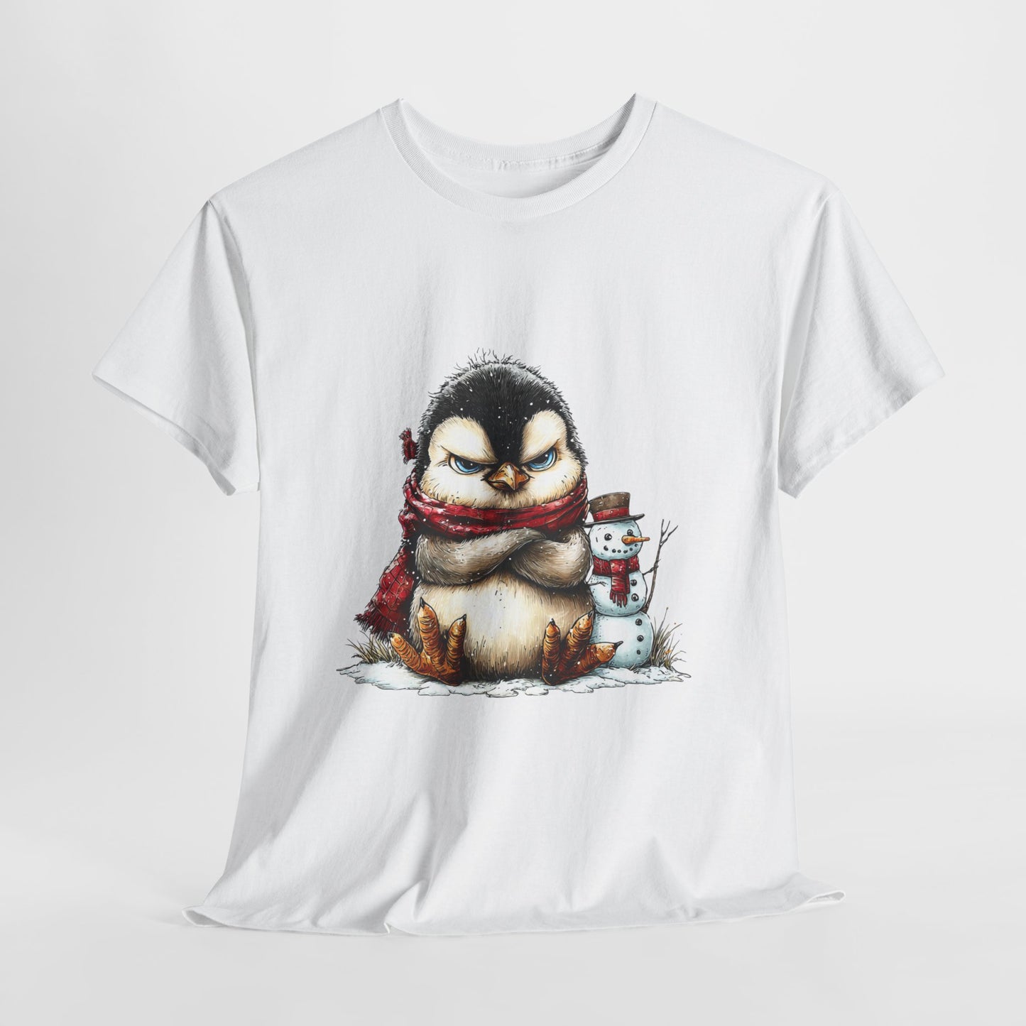 Grumpy Penguin Christmas T-Shirt - Winter Penguin with Snowman Buddy