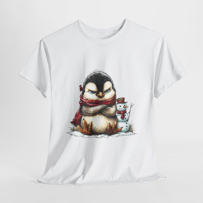 Grumpy Penguin Christmas T-Shirt - Winter Penguin with Snowman Buddy