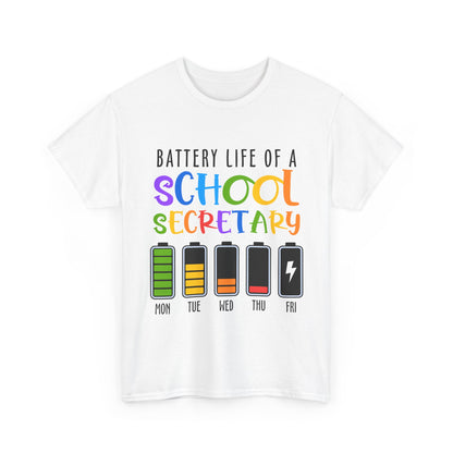 School Secretary Battery Shirt - Funny Rainbow Staff Tee for School Office Life, End of Year Exhaustion Gift for Secretaries