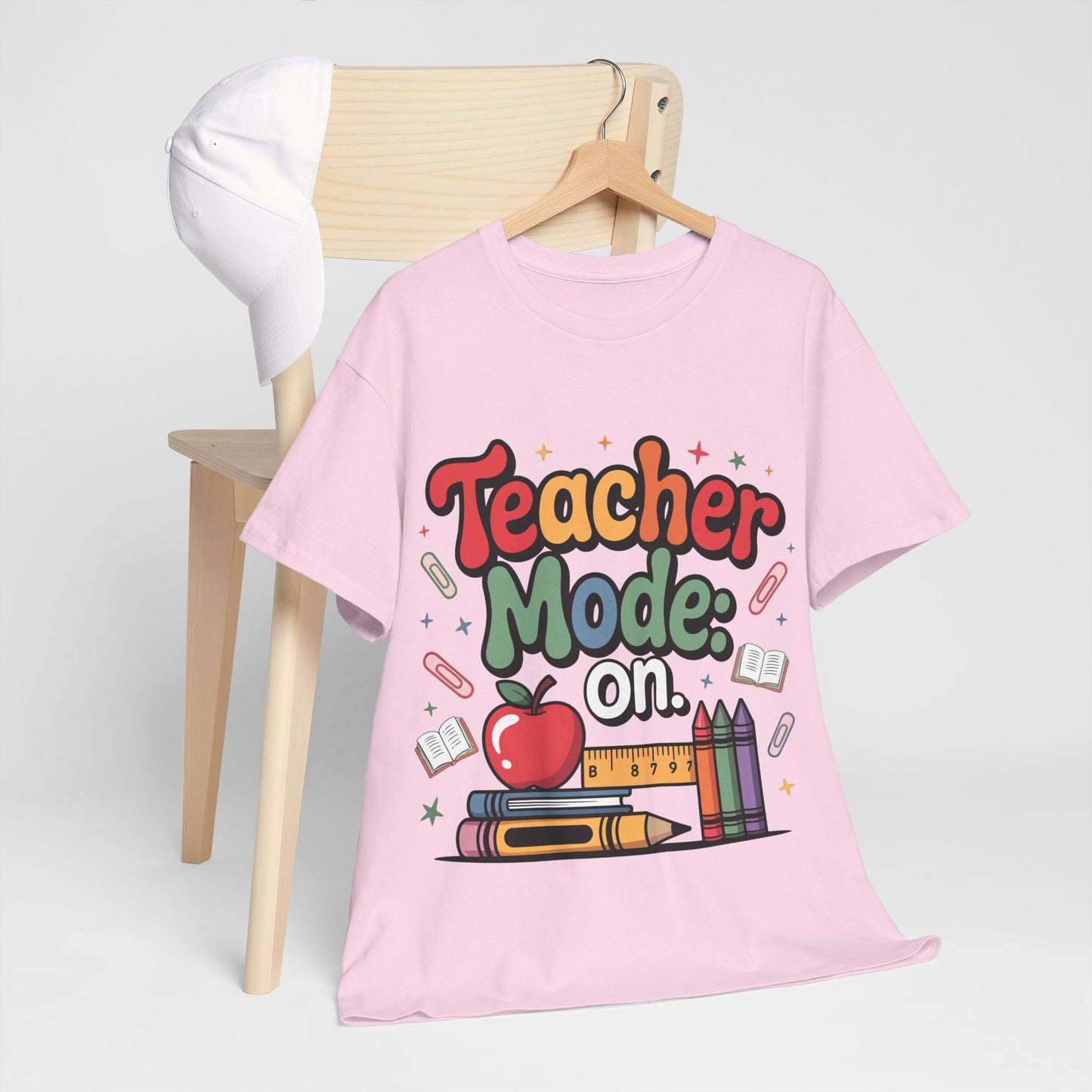 Teacher Mode On Shirt - Cute Back to School Tee with Crayons, Books & Apple, Positive Teacher Gift for Classroom Heroes