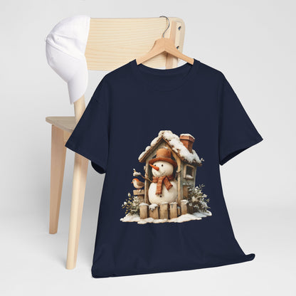 Cabin Porch Snowman Shirt - Rustic Snowman in Little House with Bird