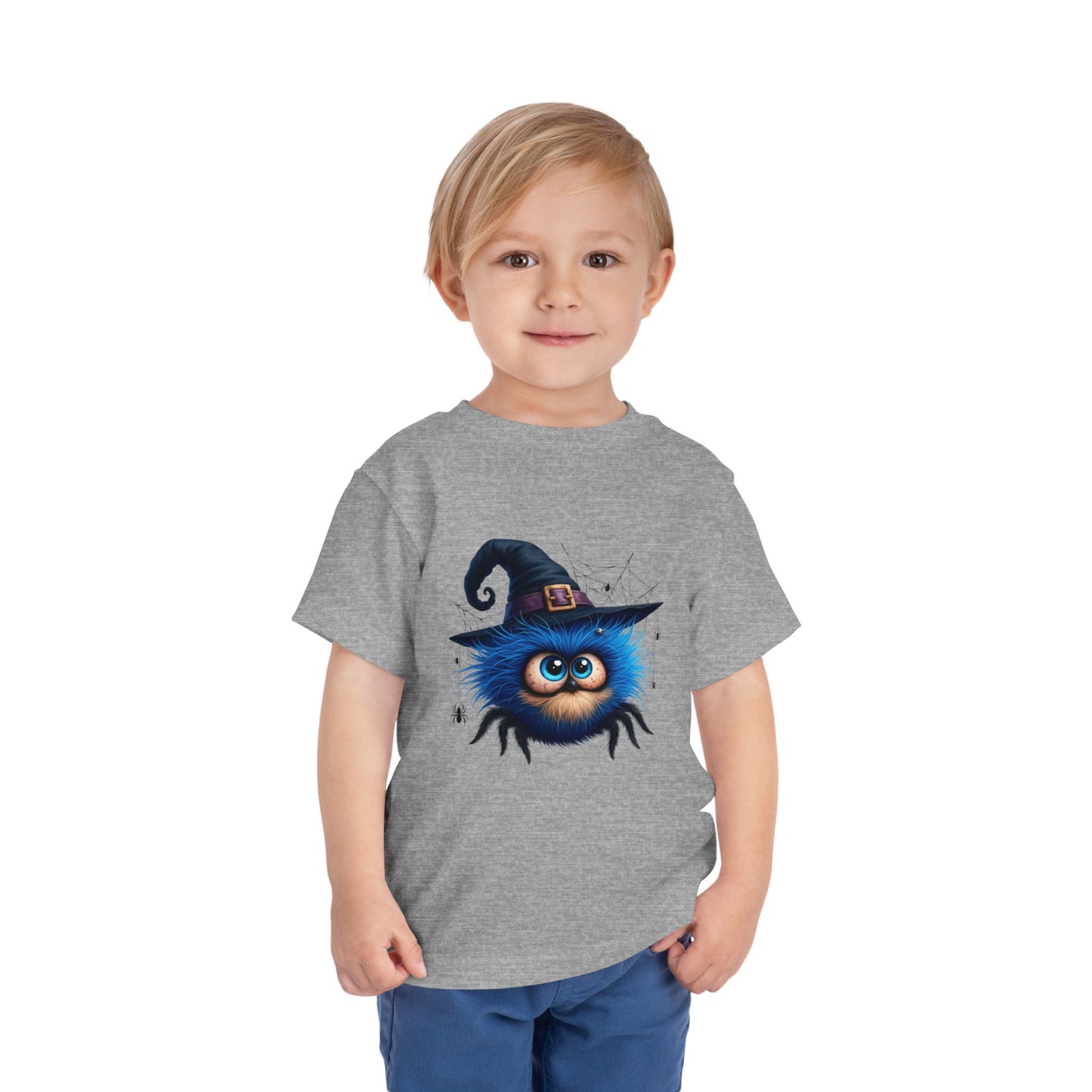 Cute Blue Fuzzy Spider Kids T-Shirt - Witch Hat Halloween Toddler Tee