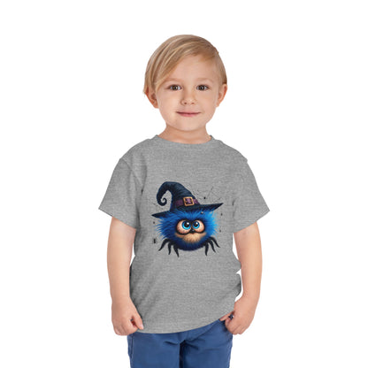 Cute Blue Fuzzy Spider Kids T-Shirt - Witch Hat Halloween Toddler Tee