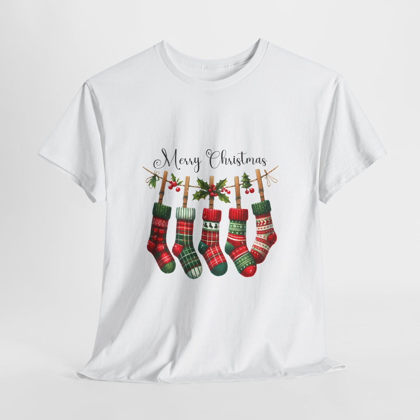 Merry Christmas Stockings T-Shirt - Five Plaid Stockings on Garland