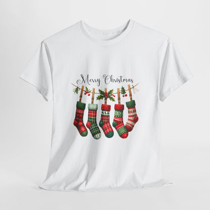 Merry Christmas Stockings T-Shirt - Five Plaid Stockings on Garland