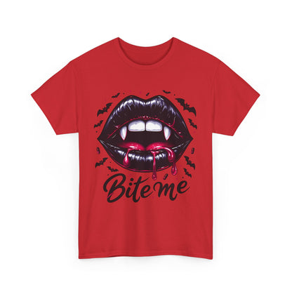 Bite Me Vampire Lips T-Shirt - Gothic Fangs & Bats Halloween Tee