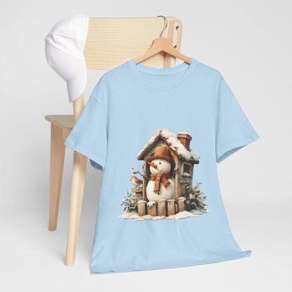 Cabin Porch Snowman Shirt - Rustic Snowman in Little House with Bird