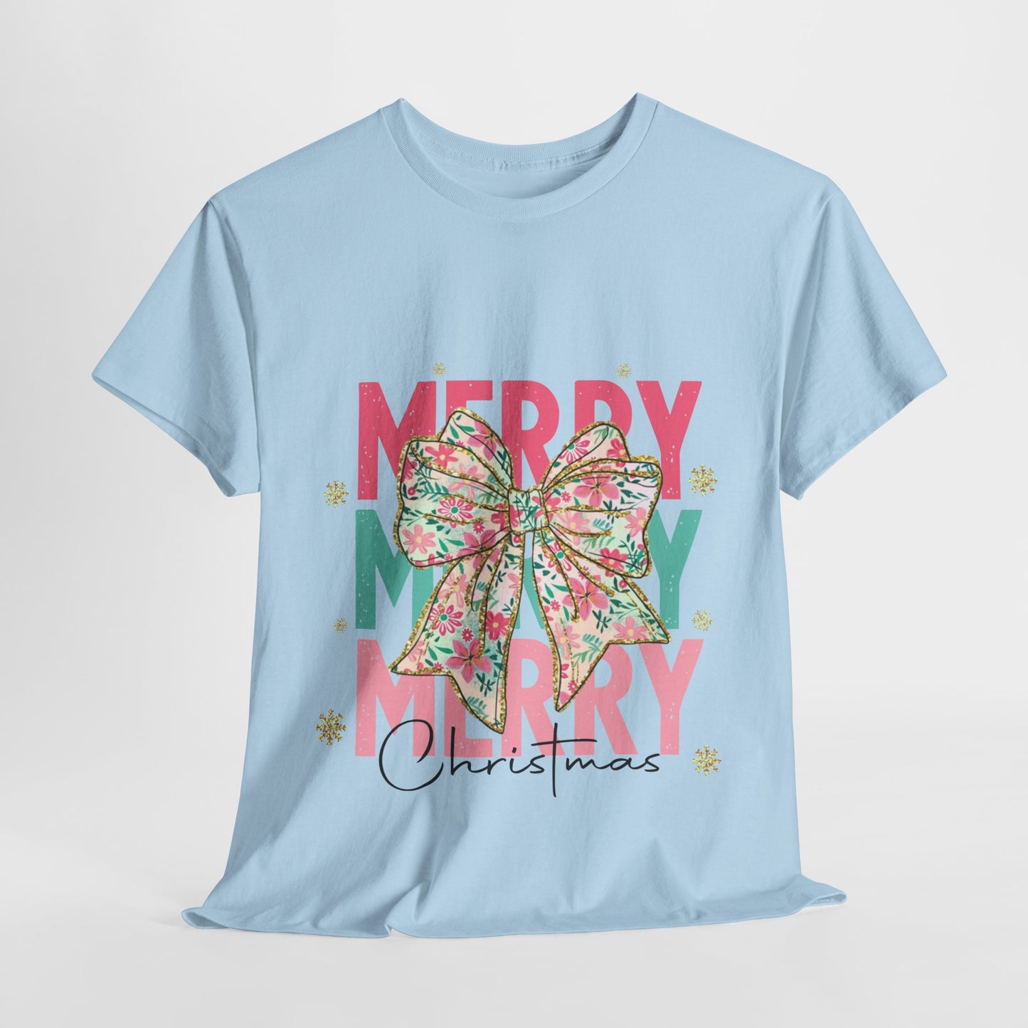 Merry Merry Merry Christmas T-Shirt - Floral Bow Pastel Tee