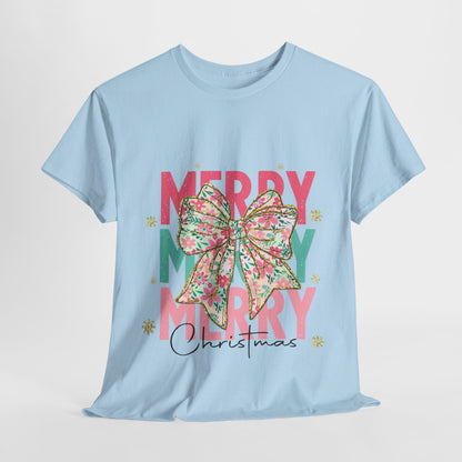 Merry Merry Merry Christmas T-Shirt - Floral Bow Pastel Tee