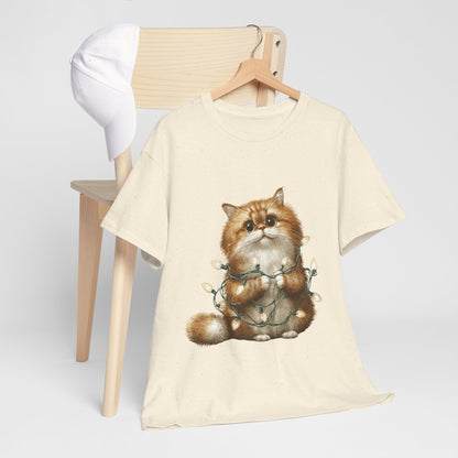Christmas Lights Cat T-Shirt - Cute Kitty Tangled in Fairy Lights