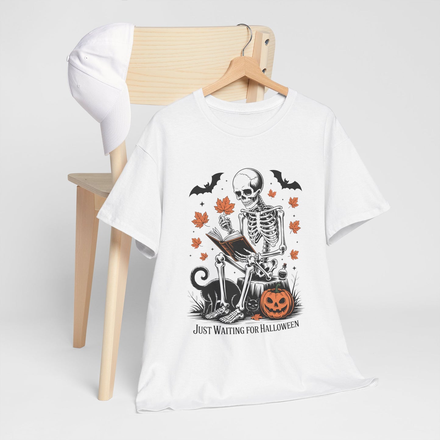 Just Waiting for Halloween T-Shirt - Cozy Spooky Skeleton Reading Tee