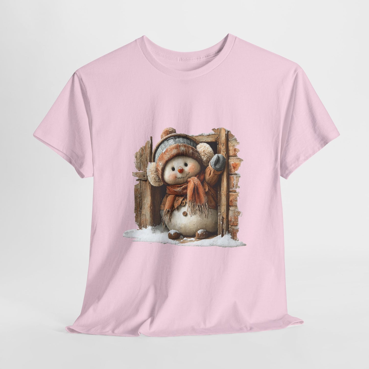 Waving Doorway Snowman Christmas T-Shirt - Cabin Snowman in Beanie & Ear Muffs