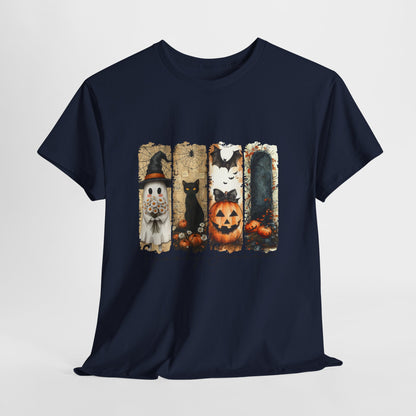 Spooky Season Panels Halloween T-Shirt with Ghost, Black Cat, Jack-O-Lantern & Bats