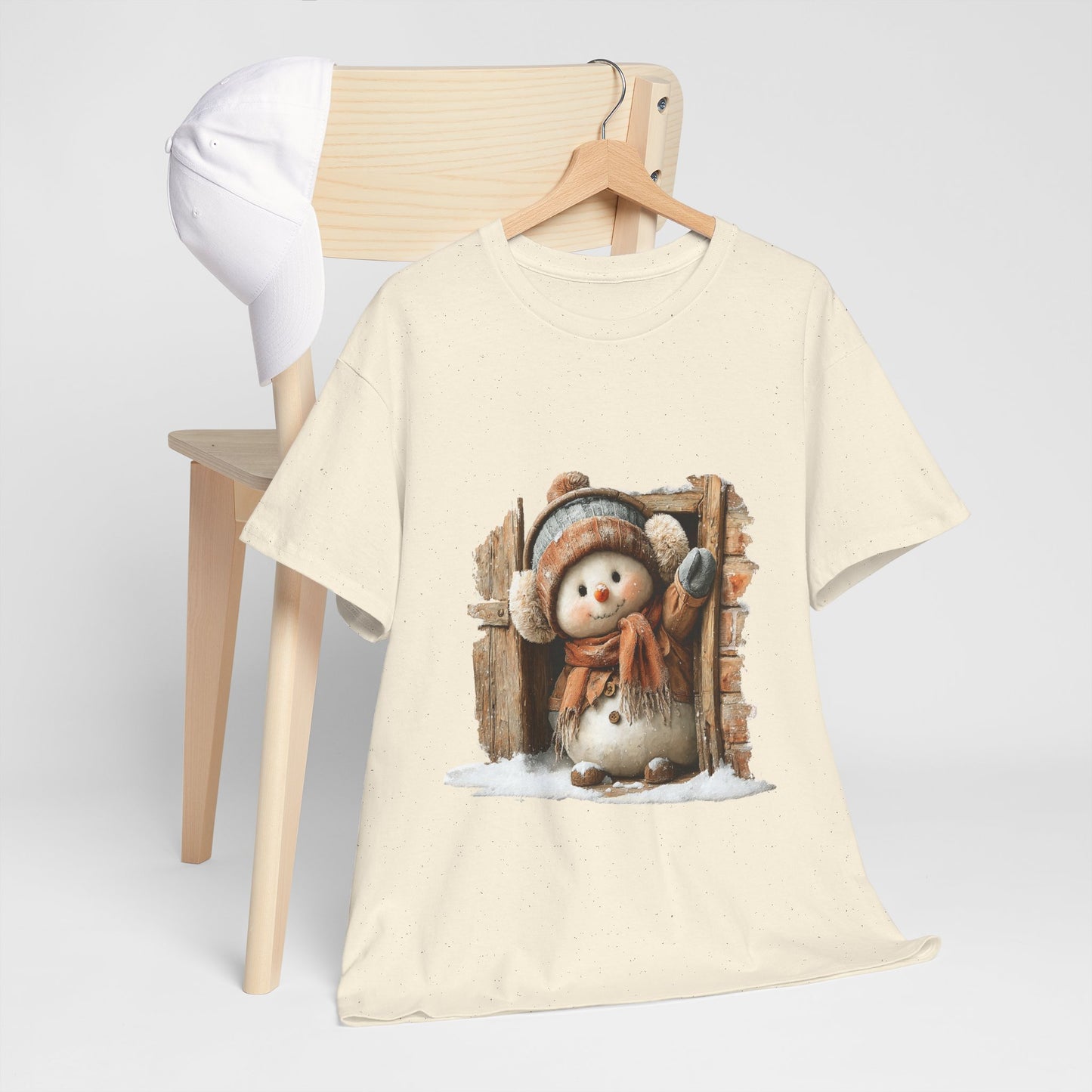 Waving Doorway Snowman Christmas T-Shirt - Cabin Snowman in Beanie & Ear Muffs