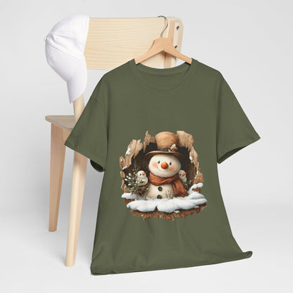 Woodland Snowman with Birds Christmas T-Shirt - Rustic Tree Hollow Snowman