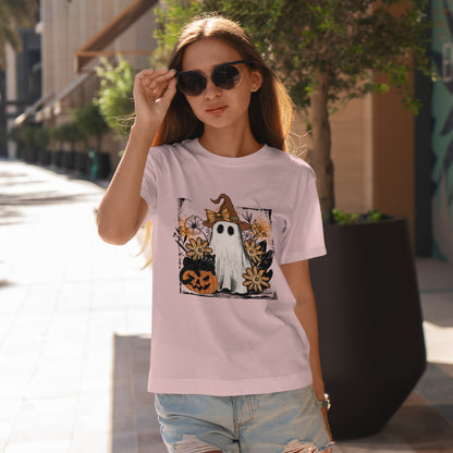 Floral Ghost Cat Pumpkin Halloween T-Shirt - Witch Hat Bow x Jack-O-Lantern