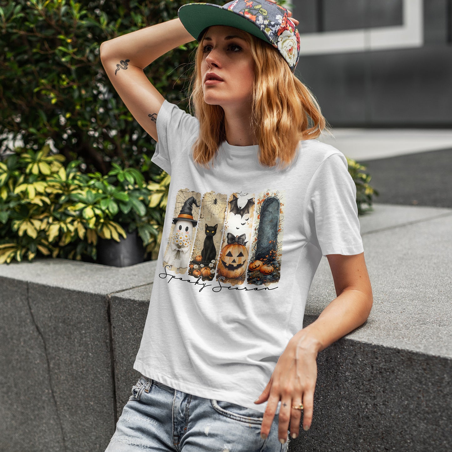 Spooky Season Panels Halloween T-Shirt with Ghost, Black Cat, Jack-O-Lantern & Bats