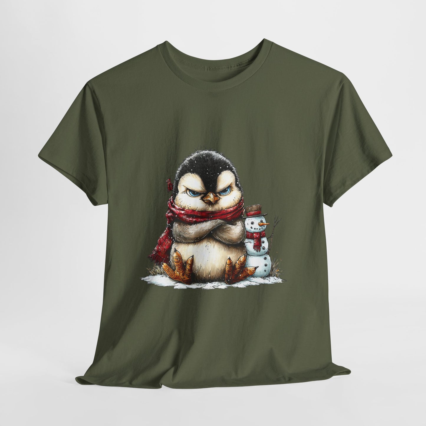 Grumpy Penguin Christmas T-Shirt - Winter Penguin with Snowman Buddy