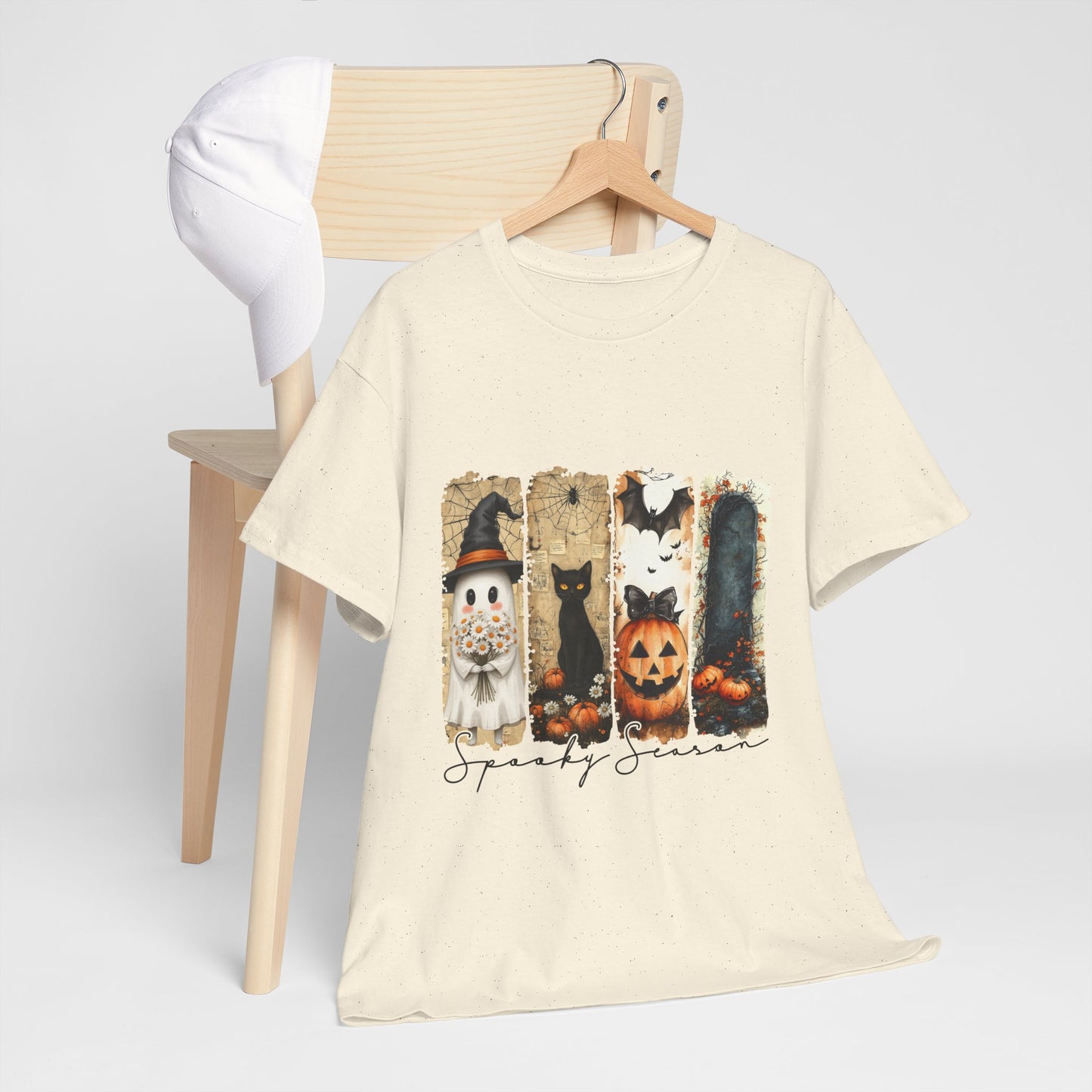 Spooky Season Panels Halloween T-Shirt with Ghost, Black Cat, Jack-O-Lantern & Bats