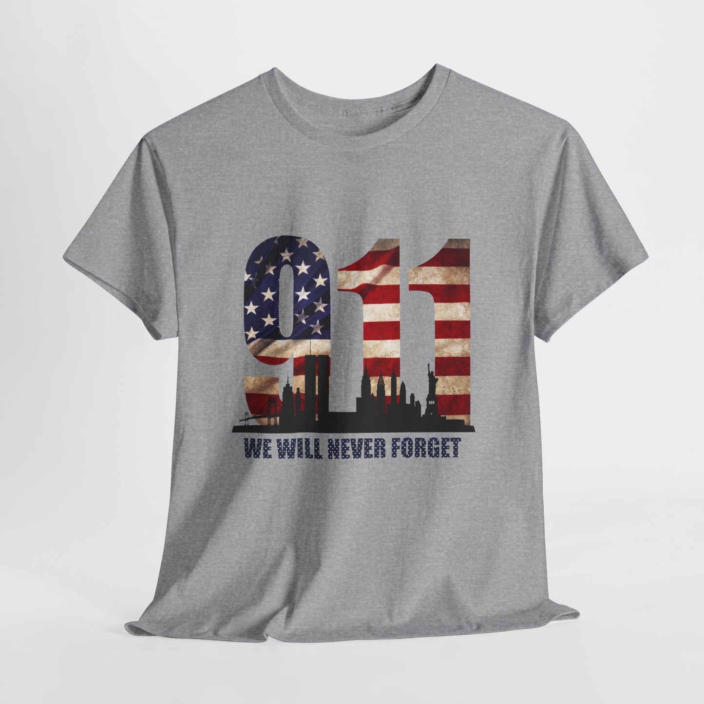 9/11 Memorial Shirt - American Flag NYC Skyline - We Will Never Forget Tribute T-Shirt
