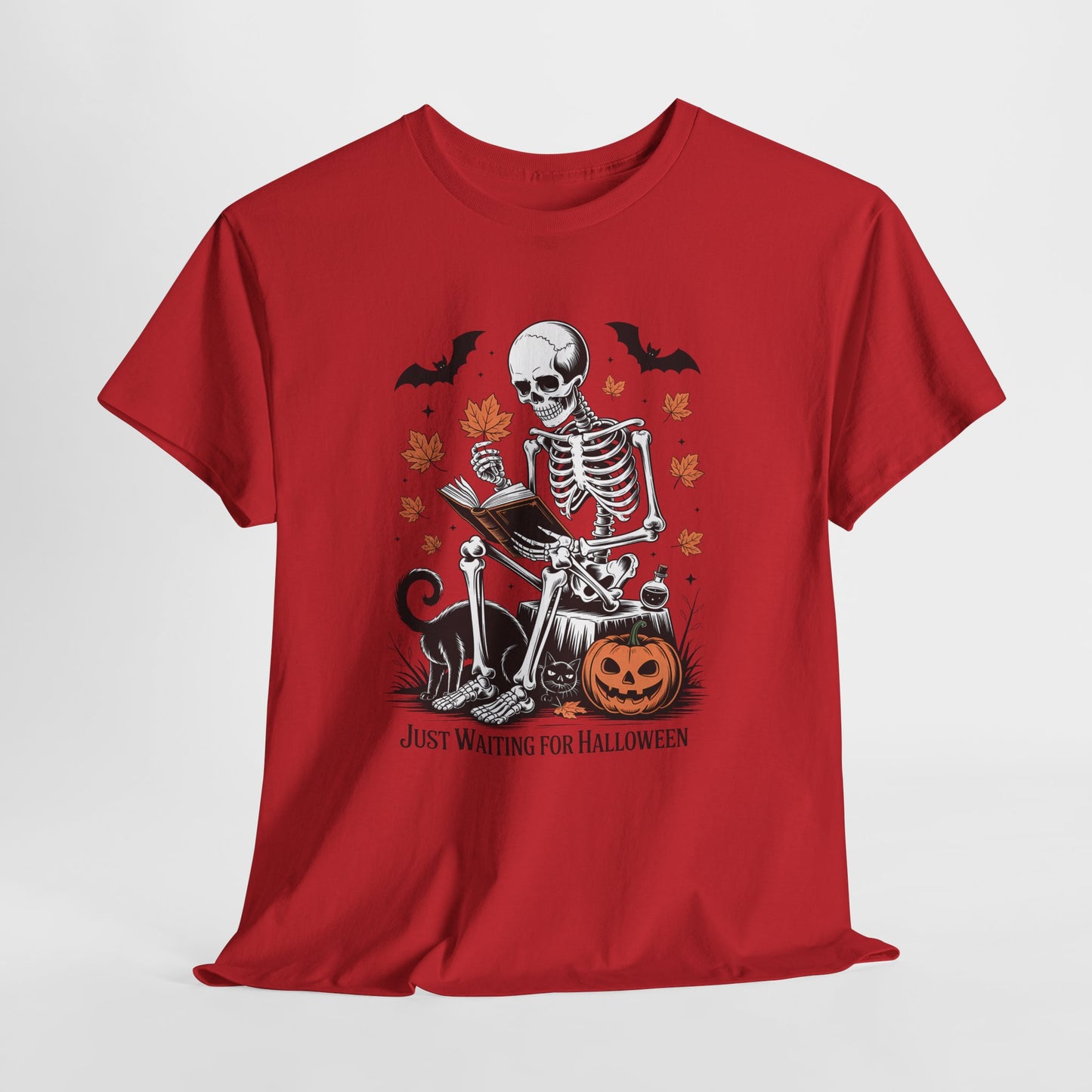 Just Waiting for Halloween T-Shirt - Cozy Spooky Skeleton Reading Tee