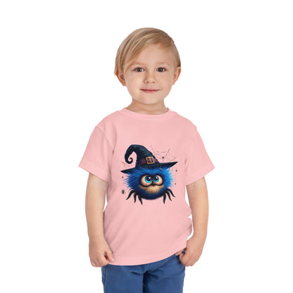 Cute Blue Fuzzy Spider Kids T-Shirt - Witch Hat Halloween Toddler Tee