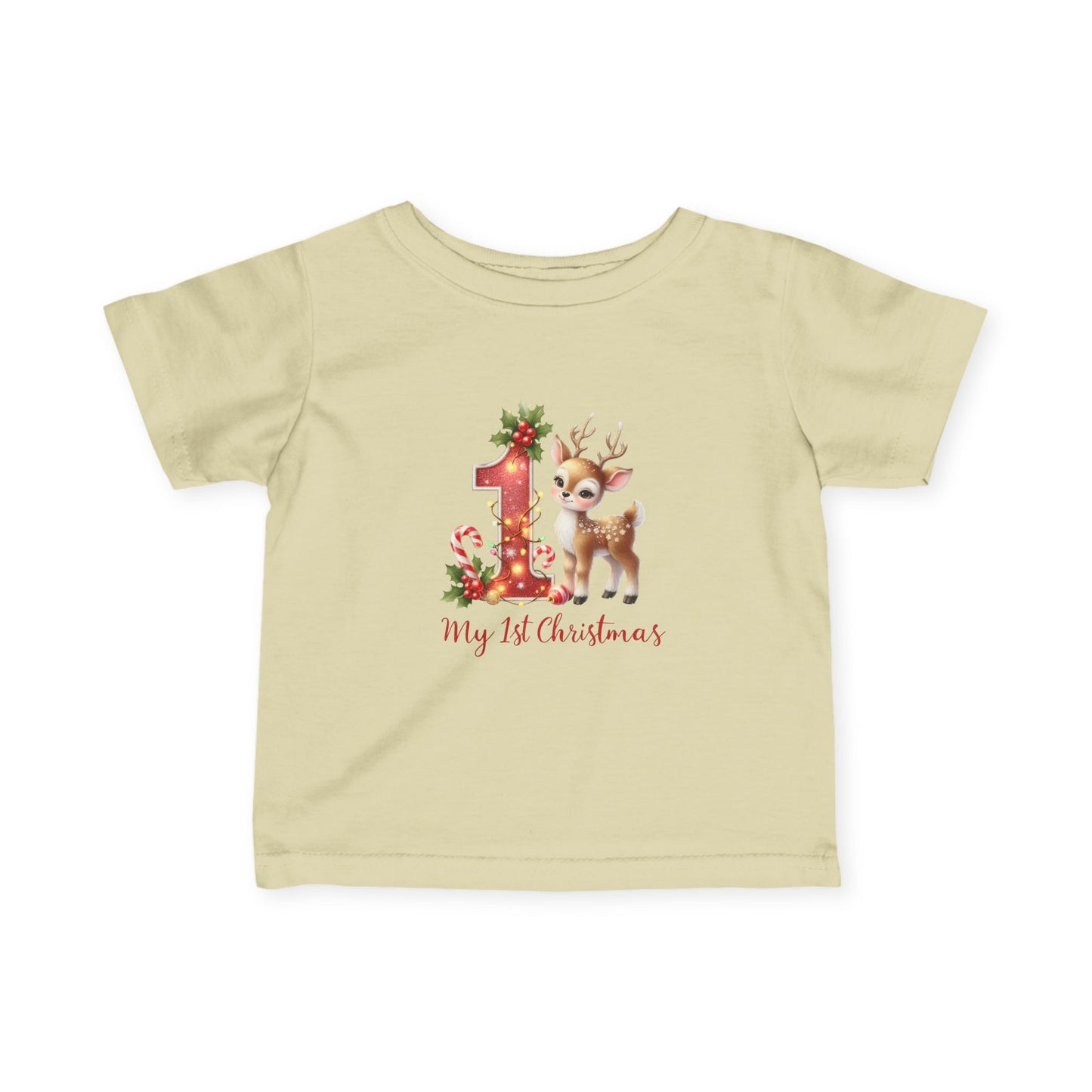 Baby’s First Christmas Reindeer Infant T-Shirt – Red “1” Candy Cane Holiday Tee