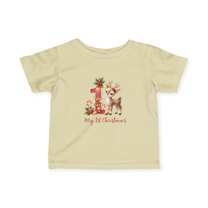 Baby’s First Christmas Reindeer Infant T-Shirt – Red “1” Candy Cane Holiday Tee