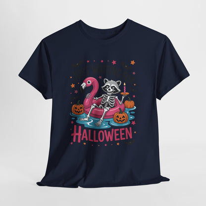 Just Waiting for Halloween T-Shirt - Raccoon Skeleton Flamingo Tee