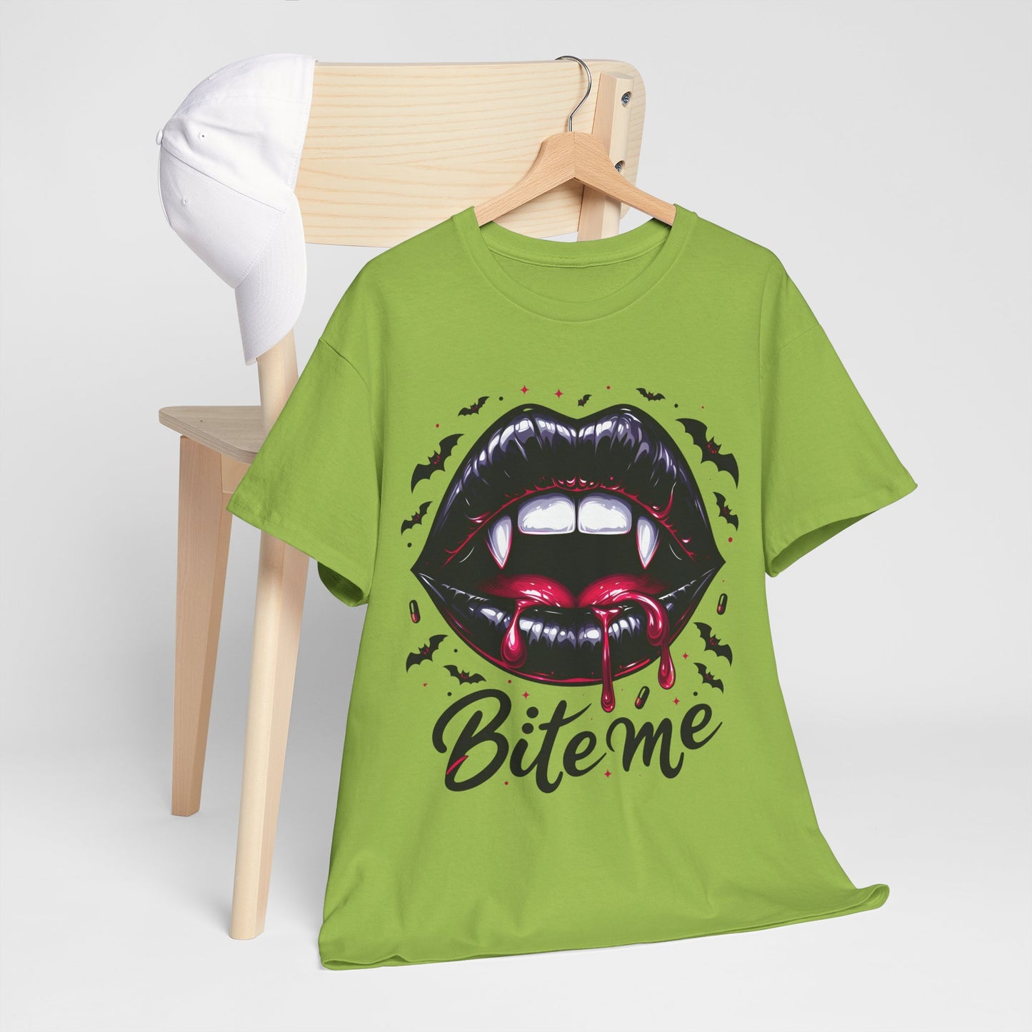 Bite Me Vampire Lips T-Shirt - Gothic Fangs & Bats Halloween Tee