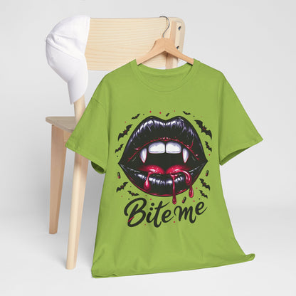 Bite Me Vampire Lips T-Shirt - Gothic Fangs & Bats Halloween Tee