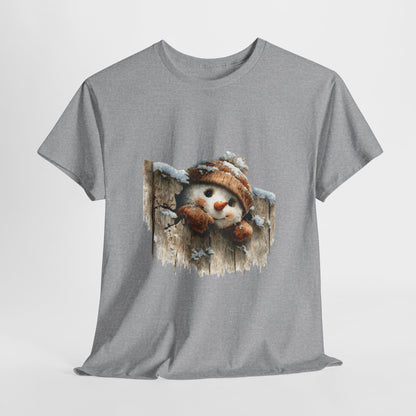 Peeking Snowman Beanie Christmas T-Shirt - Rustic Wood Fence Snowman